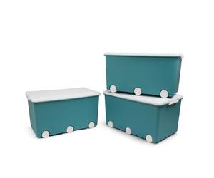 Thermobaby PLAYBOX - Baúl de almacenamiento MAXI 42 L - Lote de 3 cajas de almacenamiento - Caja de almacenamiento de plástico con tapa - Clips de cierre - Asa - apilable - Verde Azul