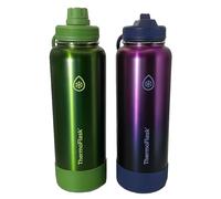 ThermoFlask Botella de 40 onzas con boquilla y tapa con popote, acero inoxidable, aislamiento de doble pared y sin BPA, a prueba de fugas, reutilizable, verde bosque/atardecer morado (paquete de 2)