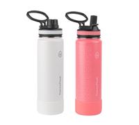 Thermoflask Botella de 24 onzas con boquilla y tapa con popote, acero inoxidable, aislamiento de doble pared y sin BPA, a prueba de fugas, reutilizable, blanco/coral (paquete de 2)