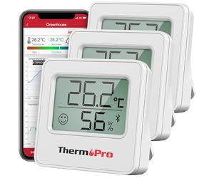 ThermoPro TempPro TP357 260FT Bluetooth Termómetro, Higrómetro Digital con Monitor Remoto de Temperatura y Humedad y APP Inteligente, Termómetro Digital Casa con Registros Máximos y Mínimos, 3 Piezas