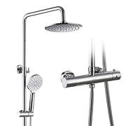 Thermostatic Shower Set Bathroom Rainfall Shower System Chrome with Overhead Shower Head and Multi- Function Handheld Shower Taps Wall Rail Water- Saving Scalding Protection