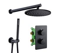 Thermostatic Shower System Black Round Rainfall Shower Head System with Handheld Combo Set, Wall Mounted Shower Faucet Set Complete with Brass Valve,10 Inch
