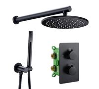 Thermostatic Shower System Black Round Rainfall Shower Head System with Handheld Combo Set, Wall Mounted Shower Faucet Set Complete with Brass Valve,12 Inch