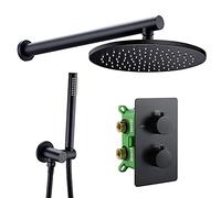 Thermostatic Shower System Black Round Rainfall Shower Head System with Handheld Combo Set, Wall Mounted Shower Faucet Set Complete with Brass Valve,16 Inch