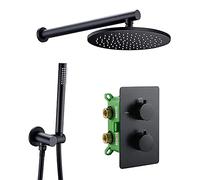 Thermostatic Shower System Black Round Rainfall Shower Head System with Handheld Combo Set, Wall Mounted Shower Faucet Set Complete with Brass Valve,8 Inch