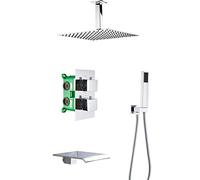 Thermostatic Shower System Ceiling Mounted, Chrome Shower Faucet Set Bathroom Rain Mixer Shower Combo Set with Head Handheld, Rainfall Shower Head System,16inch