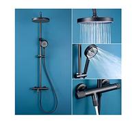 Thermostatic Shower System, Exposed Shower Mixer Set with Bath Filler, Rain Shower Head and Multifunction Hand Shower, Height Adjustable,Matt Black