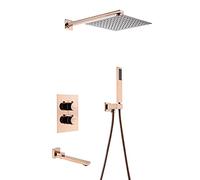 Thermostatic Shower System Rose Gold Square Rainfall Shower Head System with Handheld Combo Set, Wall Mounted Shower Faucet Set Complete with Brass Valve and Swiveling Bathtub Fauc