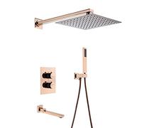 Thermostatic Shower System Rose Gold Square Rainfall Shower Head System with Handheld Combo Set, Wall Mounted Shower Faucet Set Complete with Brass Valve and Swiveling Bathtub Fauc