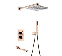 Thermostatic Shower System Rose Gold Square Rainfall Shower Head System with Handheld Combo Set, Wall Mounted Shower Faucet Set Complete with Brass Valve and Swiveling Bathtub Fauc