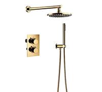 Thermostatic Shower System Titanium Gold Round Rainfall Shower Head System with Handheld Combo Set, Wall Mounted Shower Faucet Set Complete with Brass Valve,10 Inch