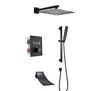 Thermostatic Shower System with Tub Spout Black Shower Faucet Set Wall Mounted Rainfall Shower Head System with Handheld Shower Set Rain Mixer Shower Combo Set,12 Inches