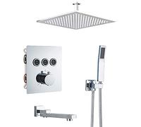 Thermostatic Shower System with Tub Spout Square Rainfall Shower Head System with Handheld Combo Set, Embedded Installation Chrome Shower Faucet Set Complete,Ceiling Mounted,16 Inc