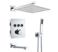 Thermostatic Shower System with Tub Spout Square Rainfall Shower Head System with Handheld Combo Set, Embedded Installation Chrome Shower Faucet Set Complete,Wall Mounted,16 Inches