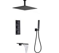 Thermostatic Shower System with Waterfall Tub Spout Black Shower Faucet Set Ceiling Mounted Square Rainfall Shower Head System with Handheld Shower Set Rain Mixer Shower Combo Set,