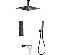 Thermostatic Shower System with Waterfall Tub Spout Black Shower Faucet Set Ceiling Mounted Square Rainfall Shower Head System with Handheld Shower Set Rain Mixer Shower Combo Set,