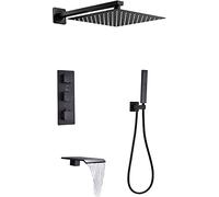 Thermostatic Shower System with Waterfall Tub Spout Black Shower Faucet Set Wall Mounted Rainfall Shower Head System with Handheld Shower Set Rain Mixer Shower Combo Set,12 Inches