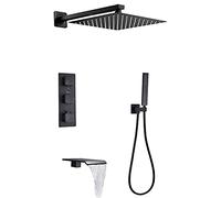 Thermostatic Shower System with Waterfall Tub Spout Black Shower Faucet Set Wall Mounted Rainfall Shower Head System with Handheld Shower Set Rain Mixer Shower Combo Set,8 Inches