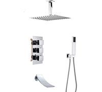 Thermostatic Shower System with Waterfall Tub Spout, Chrome Shower Faucets Sets Complete with Square Showerhead and Handhled-,Ceiling 10inch