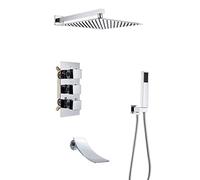 Thermostatic Shower System with Waterfall Tub Spout, Chrome Shower Faucets Sets Complete with Square Showerhead and Handhled-,Wall Mounted 10inch