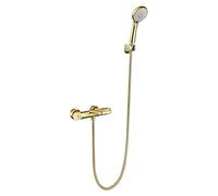 Thermostatic Waterfall Bathtub Faucet with 3 Spray Hand Shower Wall Mounted Bathtub Filler Brushed Gold Shower Set with Hot and Cold Water