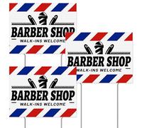 Therwen 3 letreros de bienvenida de peluquería de doble cara con rayas azules, decoración de barbería al aire libre con estacas para negocios, bar, cafetería, garaje, 12 x 15.8 pulgadas