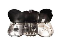 THETFORD - Placa de cocina de cristal con fregadero, 98 x 41 cm, color negro y plateado, 3 fuegos, acero inoxidable