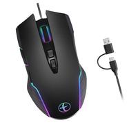 Thewasc Cable óptico con función de jiggler ergonómica para computadora, iluminación a color, 7200 DPI, para computadora de escritorio, portátil, ergonómico, USB C/USB A, juegos con cable