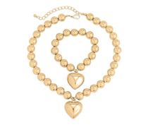 Thewasc Juego de collar de cadena de cuentas de bola de color dorado simple con colgante de corazón, elegante accesorio de cuentas para mujer, collar de declaración para mujer