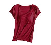 ThiCc Camiseta de manga corta para mujer con sujetadores integrados, para verano, informal, con relleno liso, elástica, cómoda, holgada, básica, yoga, atletismo, gimnasio, dormir, rosso, XXL