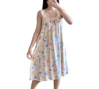 ThiCc Camisón sin mangas para mujer, de algodón suave, vestido de dormir a media pierna, bonito camisón con estampado floral, tirantes anchos, ropa de dormir de verano para el hogar, ropa de descanso
