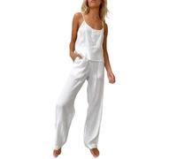 ThiCc Conjunto de 2 piezas de lino para mujer, camiseta corta sin mangas y pantalones de pierna ancha, casual, holgada, cómoda, ligera, de verano, pijamas, ropa de dormir para el hogar, al aire libre