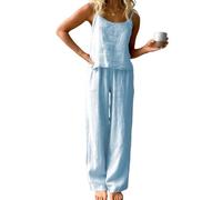 ThiCc Conjunto de 2 piezas de lino para mujer, camiseta corta sin mangas y pantalones de pierna ancha, casual, holgada, cómoda, ligera, de verano, pijamas, ropa de dormir para el hogar, al aire libre