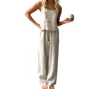 ThiCc Conjunto de 2 piezas de lino para mujer, camiseta corta sin mangas y pantalones de pierna ancha, casual, holgada, cómoda, ligera, de verano, pijamas, ropa de dormir para el hogar, al aire libre