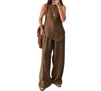 ThiCc Conjunto de 2 piezas para mujer, atuendo casual de verano, sin mangas, dobladillo asimétrico, cuello redondo, camiseta sin mangas con cintura elástica, pantalones de pierna ancha para el hogar