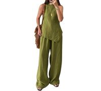 ThiCc Conjunto de 2 piezas para mujer, atuendo casual de verano, sin mangas, dobladillo asimétrico, cuello redondo, camiseta sin mangas con cintura elástica, pantalones de pierna ancha para el hogar
