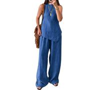 ThiCc Conjunto de 2 piezas para mujer, atuendo casual de verano, sin mangas, dobladillo asimétrico, cuello redondo, camiseta sin mangas con cintura elástica, pantalones de pierna ancha para el hogar