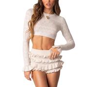 ThiCc Conjuntos De 2 Piezas De Punto Para Mujer - Top Crop De Manga Larga Y Shorts De Volantes En Capas Conjunto De Salón A Juego Y2k Ropa De Club (M,blanco)