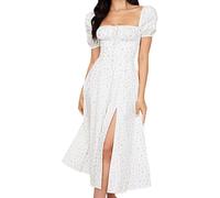 ThiCc Milk Maid - Vestido de verano para mujer, estilo francés, manga corta abombada, cuello cuadrado, lazo frontal, floral, vestido maxi con abertura, casual, bohemio, vestido de playa, para salir,
