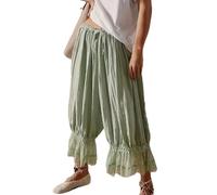 ThiCc Pantalones largos para mujer, pantalones victorianos con ribete de encaje, cintura elástica Y2K, pantalones de calabaza con volantes, cómodos, para descansar, tiro medio, capri para el hogar