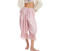 ThiCc Pantalones largos para mujer, pantalones victorianos con ribete de encaje, cintura elástica Y2K, pantalones de calabaza con volantes, cómodos, para descansar, tiro medio, capri para el hogar