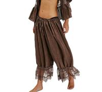 ThiCc Pantalones largos para mujer, pantalones victorianos con ribete de encaje, cintura elástica Y2K, pantalones de calabaza con volantes, cómodos, para descansar, tiro medio, capri para el hogar