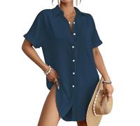 ThiCc Pareo de traje de baño para mujer, vestido camisero con botones, holgado, manga corta, cuello largo, blusa con bolsillos, ropa de playa, salida de baño para piscina, vacaciones o centro