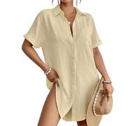 ThiCc Pareo de traje de baño para mujer, vestido camisero con botones, holgado, manga corta, cuello largo, blusa con bolsillos, ropa de playa, salida de baño para piscina, vacaciones o centro