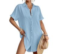 ThiCc Pareo de traje de baño para mujer, vestido camisero con botones, holgado, manga corta, cuello largo, blusa con bolsillos, ropa de playa, salida de baño para piscina, vacaciones o centro