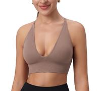 ThiCc Sujetador Deportivo para Mujer con Escote En V Profundo - Copas Acolchadas Cruzadas Y Tirantes Finos Ajustables para Entrenamiento Yoga Fitness Crop Top (S,Marrón)