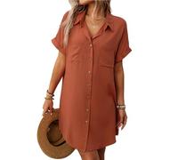 ThiCc Vestido camisero de lino y algodón para mujer, a rayas, de verano, casual, con botones, manga corta, ajuste holgado, vestido tipo túnica, para uso diario, playa, vacaciones, Naranja liso, XL