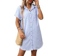 ThiCc Vestido camisero de lino y algodón para mujer, a rayas, de verano, casual, con botones, manga corta, ajuste holgado, vestido tipo túnica, para uso diario, playa, vacaciones, Rayas Azules, XL