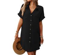 ThiCc Vestido camisero de lino y algodón para mujer, a rayas, de verano, casual, con botones, manga corta, ajuste holgado, vestido tipo túnica, para uso diario, playa, vacaciones, Negro liso, XL