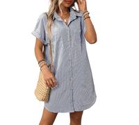 ThiCc Vestido camisero de lino y algodón para mujer, a rayas, de verano, casual, con botones, manga corta, ajuste holgado, vestido tipo túnica, para uso diario, playa, vacaciones, Rayas azul marino